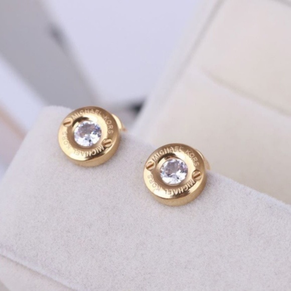 New Michael Kors Gold Crystal Pave Stud Earrings - Picture 1 of 14